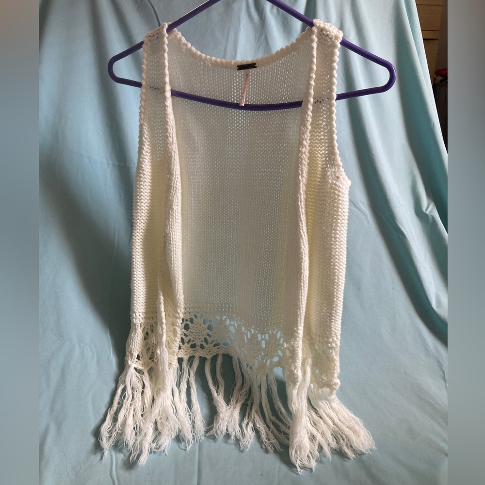 White Poof Girls (Girls M10-12 or adult XS) Sleeveless Open Cardigan